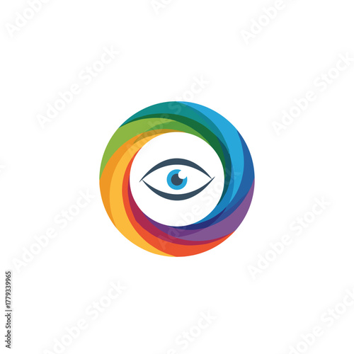 Eye symbol within a vibrant rainbow colored swirling circle on a clean white background symbolizing vision and color perception tests for color blindness awareness