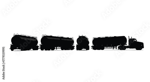 Silhouette of a tanker truck isolated on white background with four tanks