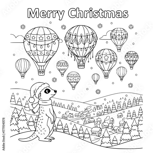 Meerkat watching Christmas hot air balloons with “Merry Christmas,” coloring book page for toddlers Generative AI