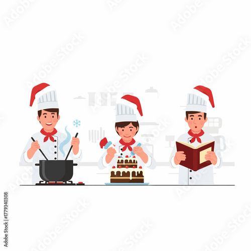 Flat vector three christmas cooks preparing cake reading recipe book
