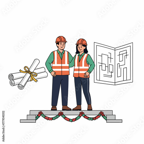 Flat vector construction workers celebrating project success with plans and diploma