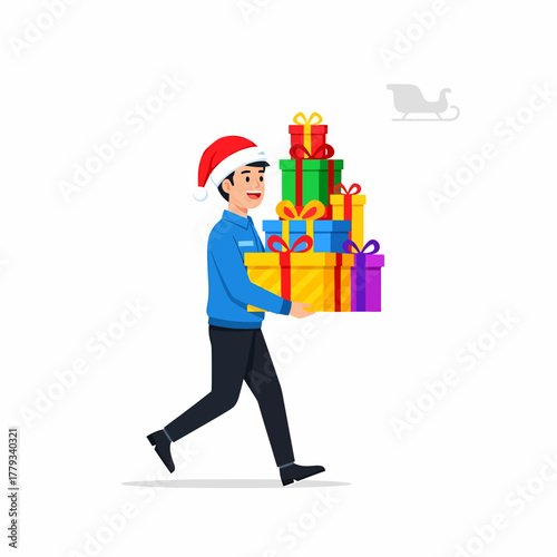 Flat vector deliveryman carrying christmas gifts wearing a santa hat