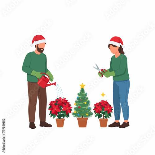 Flat vector christmas gardening cheerful couple tending poinsettias tree decoration