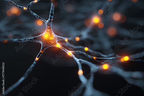 3D visualization of glowing neural network connections with active neurons transmitting electrical signals in a dynamic digital environment
