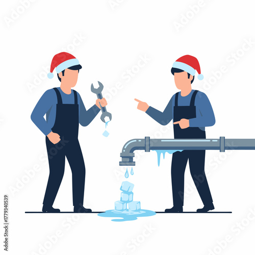 Flat vector plumbers troubleshoot frozen pipes wearing festive christmas hats