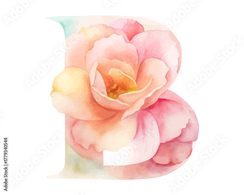 Watercolor Letter B with flower vector illustration isolated on white background