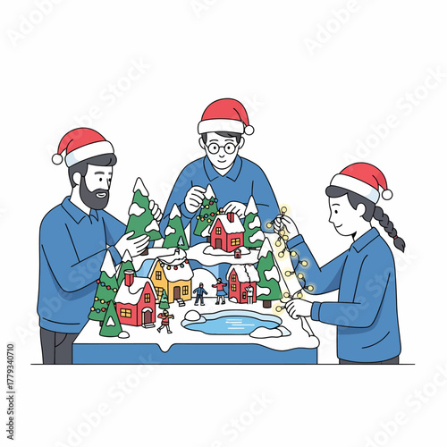 Line art people building festive Christmas village table decoration together