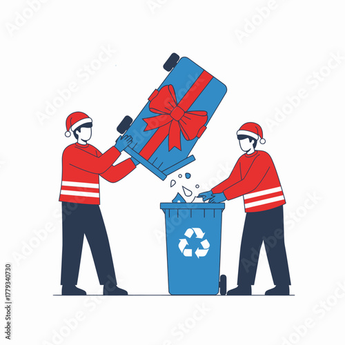 Flat vector illustration unboxing gift recycling bin christmas festive theme