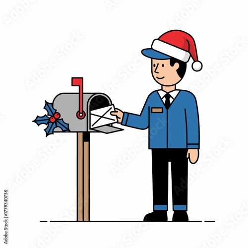 Flat vector mailman sending christmas letters with santa claus hat illustration