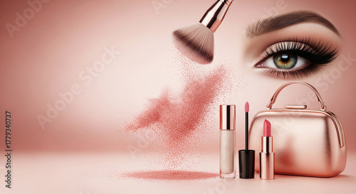 Pink cosmetic cloud. Makeup brush artistry. Stunning eye and glamour. Facial foundation and concealer. Luxury rose gold bag and lipstick.