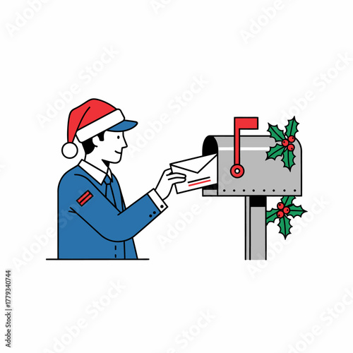 Flat vector christmas mail delivery postal worker with letter holiday theme