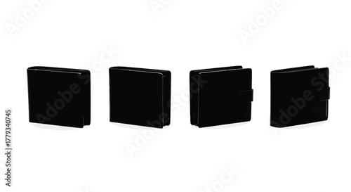 Four black leather wallets isolated on white background are displayed here