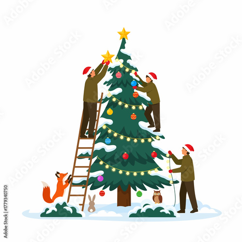 Flat vector family decorating christmas tree with ornaments and lights cheerfully