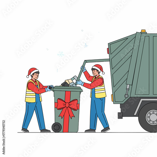 Illustration garbage men collecting christmas waste in winter with truck