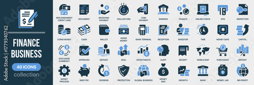 Finance and business fill icon collection. Set of money, payments, banking, wallet, cash, audit, ATM, investments, growth icons. Created in colored style with balanced blue palette