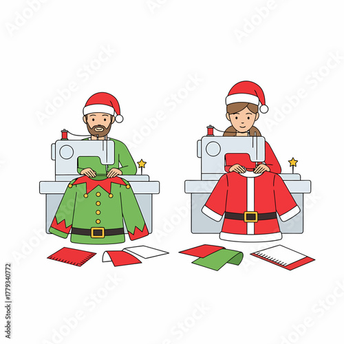 Cartoon illustration elves and santa tailoring christmas clothes festive scene
