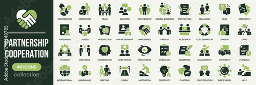 Partnership and cooperation fill icon collection. Includes teamwork, handshake, communication, idea, and success icons. Created in colored style with green palette