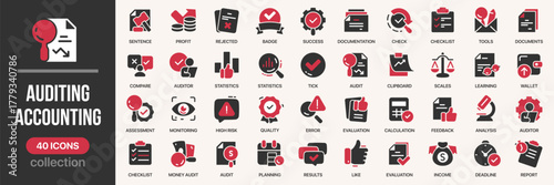Auditing and accounting fill icon collection. Set of finance, calculation, audit, checklist, evaluation, and quality icons. Created in colored style with gray and red palette