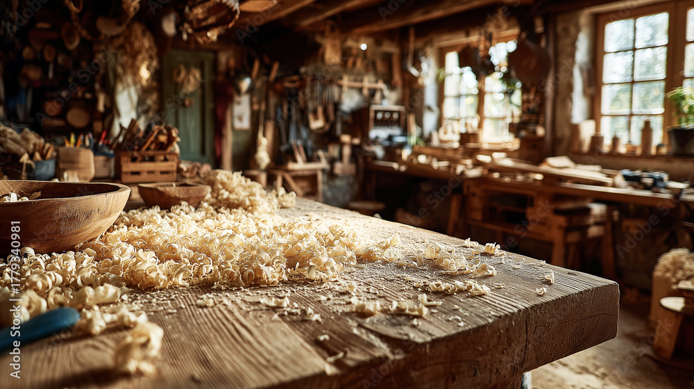 Fototapeta premium Sunlight illuminates a woodworking workshop with wood shavings and wooden tools on the workbench.