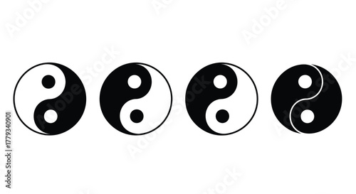 Four yin and yang symbols in a row isolated on white background