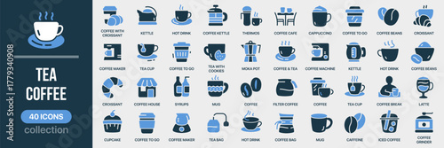 Tea and coffee fill icon collection. Includes coffee cups, mugs, cafe, kettle, and drink icons. Created in colored style with blue palette