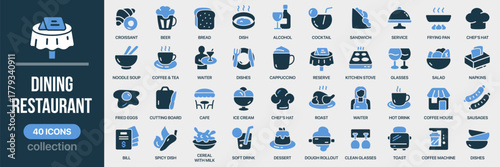 Dining and restaurant fill icon collection. Set of food, dishes, drinks, waiter, and cafe icons. Created in colored style with blue palette