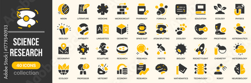Science and research fill icon collection. Includes laboratory, biology, mathematics, and technology icons. Created in colored style with yellow palette