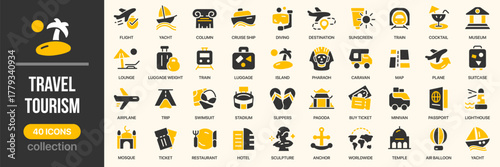 Travel and tourism fill icon collection. Includes airplane, hotel, luggage, and destination icons. Created in colored style with yellow palette