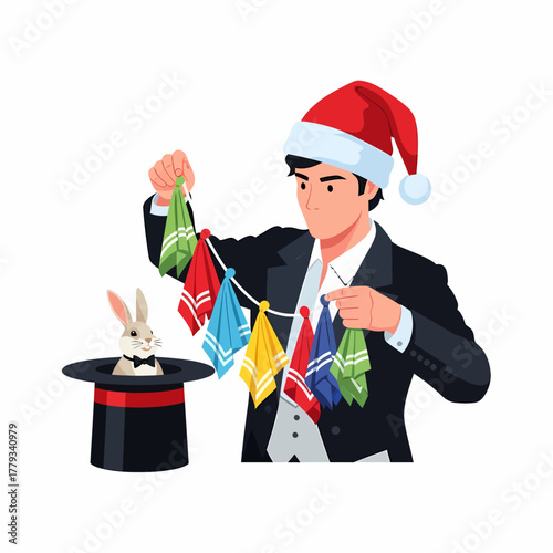 Vector illustration of magician with rabbit wearing santa claus hat
