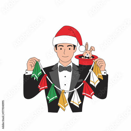 Vector illustration magician christmas performance hat rabbit colorful handkerchiefs
