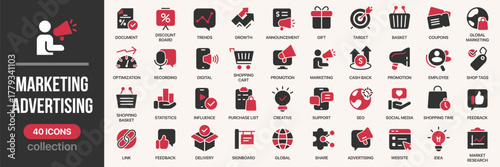Marketing and advertising fill icon collection. Includes promotion, feedback, statistics, SEO, social media, and creative icons. Created in colored style with black and red palette