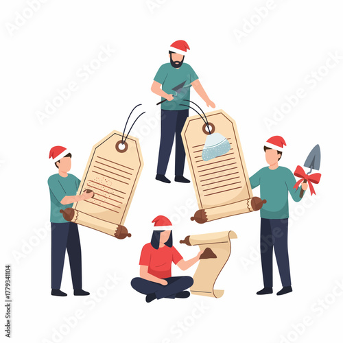 Flat vector christmas wish list with people wearing santa hats