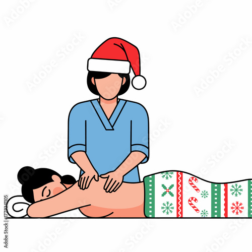Flat vector Christmas back massage with Santa Claus hat at spa