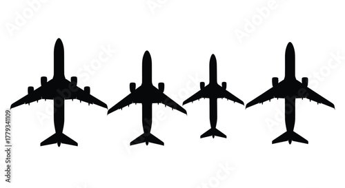 Four airplane silhouettes isolated on white background flying in formation