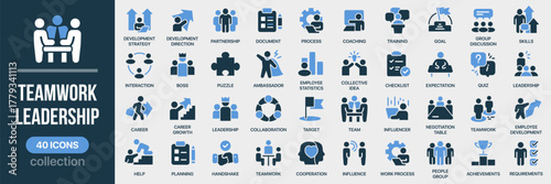 Teamwork and leadership fill icon collection. Includes collaboration, boss, discussion, process, quiz, goal, and partnership icons. Created in colored style with calm blue palette
