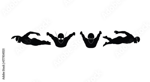 Four swimmer silhouettes isolated on white background performing different strokes