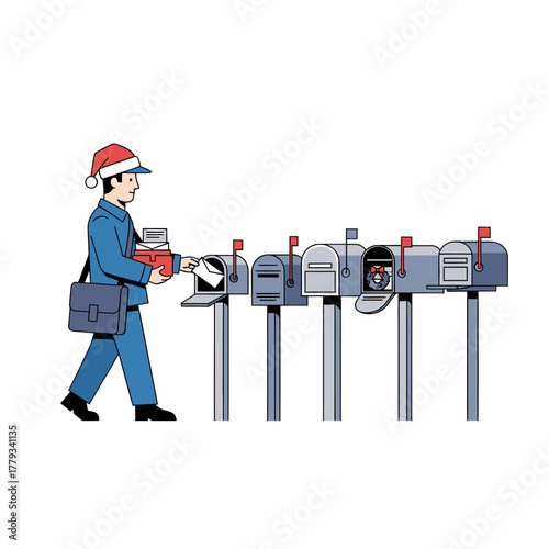 Flat vector christmas mailman delivering letters to mailboxes outdoors