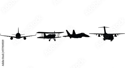 Four airplanes in silhouette isolated on white background