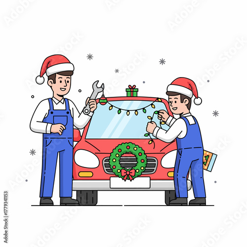 Flat vector car repair with christmas decoration by mechanics