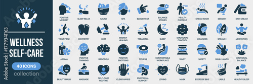 Wellness and self-care fill icon collection. Set of balance, relaxation, beauty, health, and emotional wellbeing icons. Created in colored style with blue palette