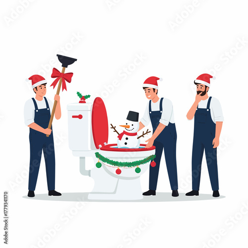 Flat vector christmas plumber repairing toilet with snowman decoration fun holiday