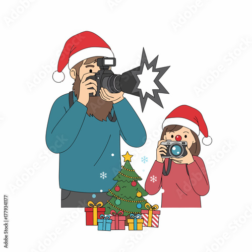 Illustration people taking pictures christmas santa tree gifts celebration