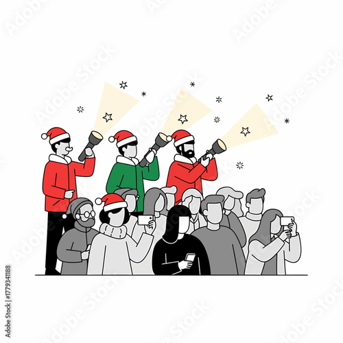 Flat vector santa watchers spotting stardust with telescope crowd watching stars