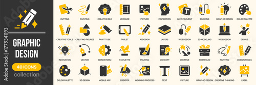 Graphic design fill icon collection. Includes creativity, drawing, color palette, tools, and digital art icons. Created in colored style with yellow and gray palette