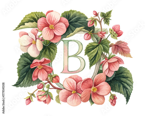 Floral Letter B Watercolor Monogram with Flowers vector illustration