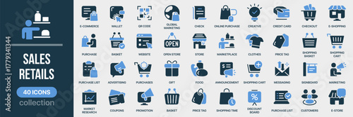 Sales and retails fill icon collection. Set of e-commerce, shopping, purchase, store, basket, price tag, and website icons. Created in colored style with blue palette