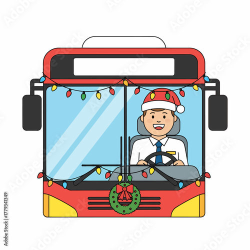 Flat vector cheerful bus driver wearing santa hat illustration