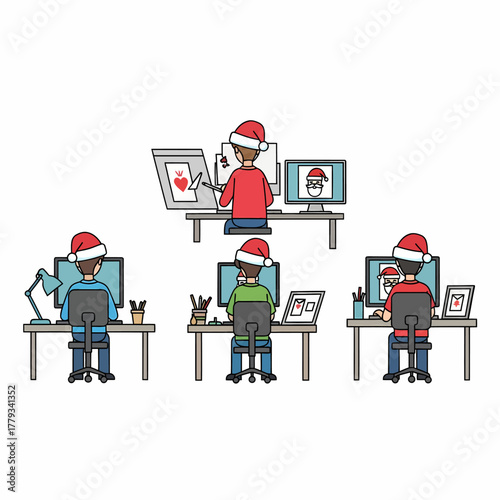 Flat vector designers working remotely with christmas hats celebration