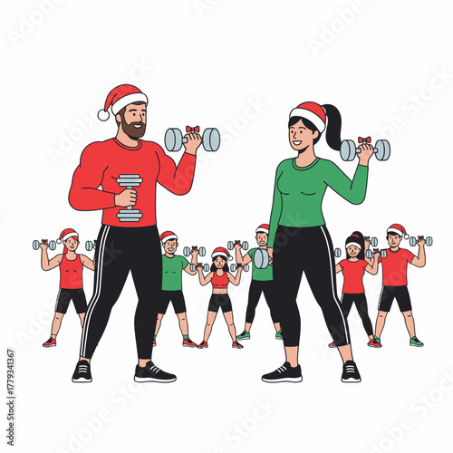 Vector illustration christmas fitness class with santa hats and dumbbells
