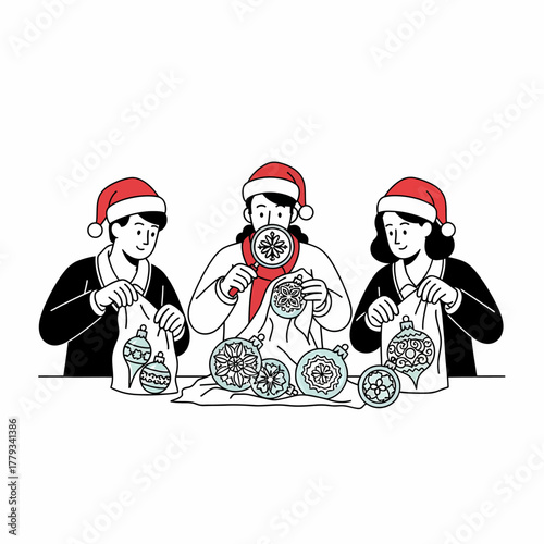 Flat vector girls examining christmas ornaments with magnifying glass together